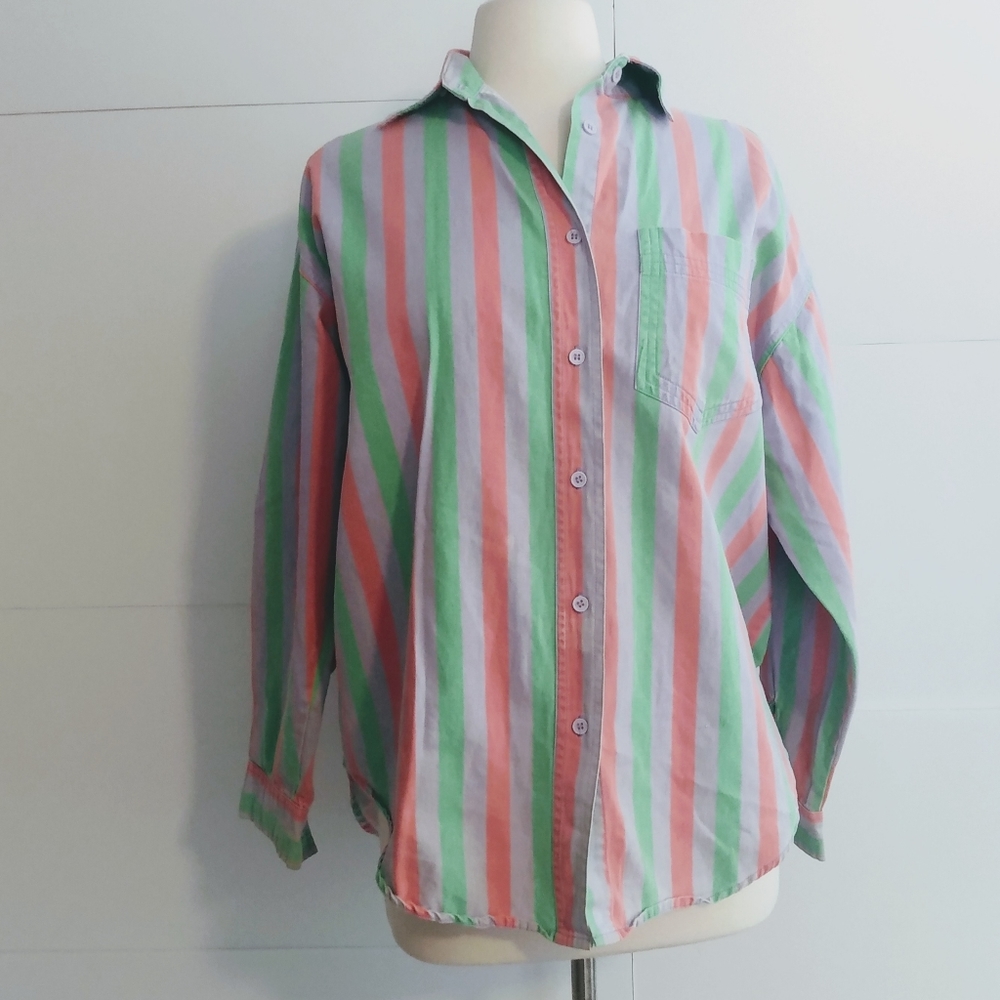 Bonjour L Button Down Shirt 61239 Striped Multicolor Woman Retro funky d…